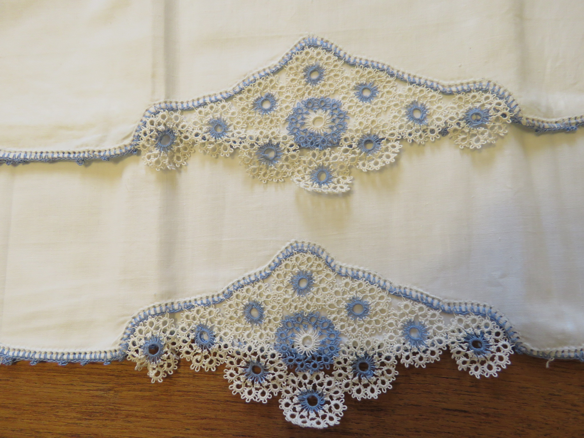 Vintage Cotton Pillowcases Set Pair Tatted Blue and White Edging Trim Unused Romantic Cottage Decor (L&T-267)
