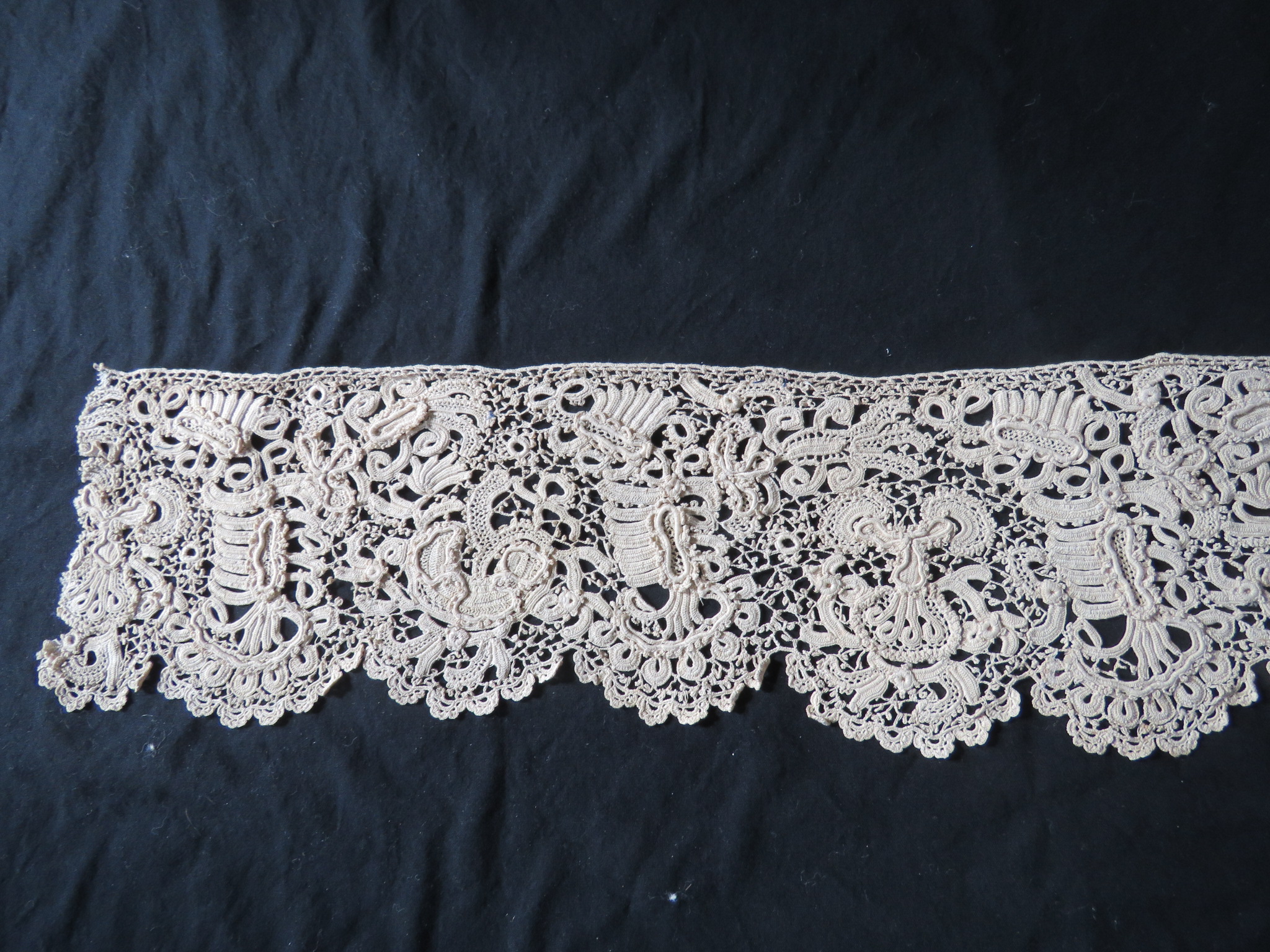 Antique Handmade Irish Crochet Lace Trim Ecru Dense Detail Raised Motifs 39"  (LAC-7)